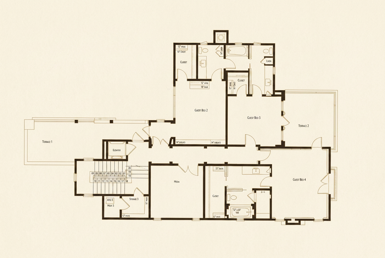 Upper Level — Guest Bed 2 · Guest Bed 3 · Guest Bed 4 · Media Room · Terrace 1 · Terrace 2