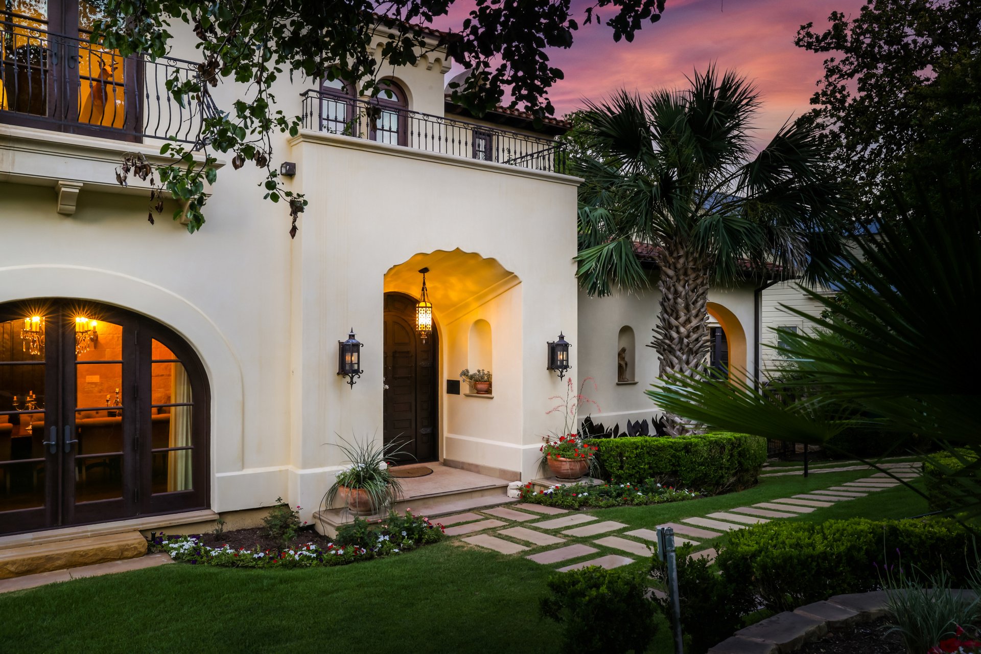 2303 Windsor Road — arched entry at dusk